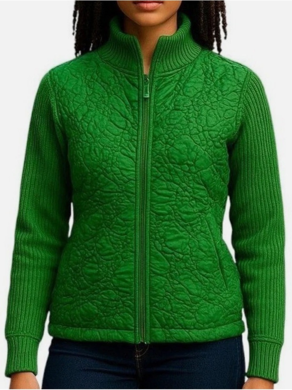 Peter Martin Green Textured Quilted Rib Knit Zip Jacket Size L